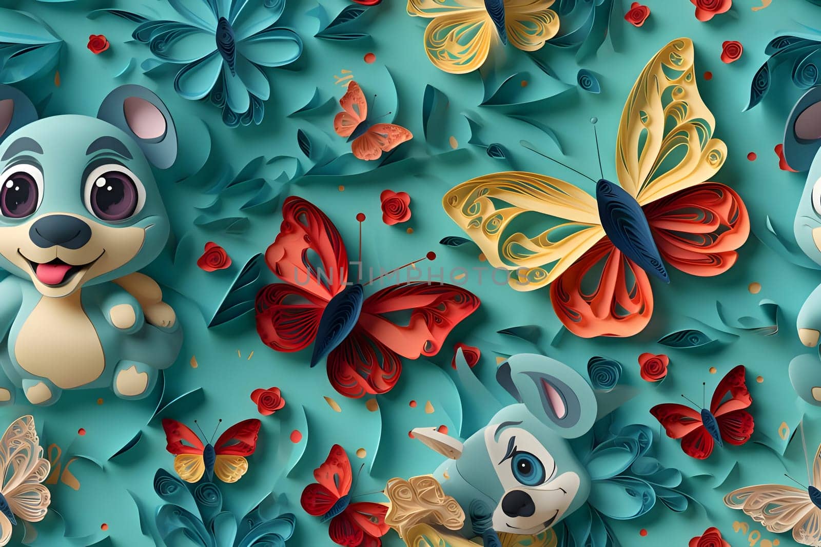 Patterns and banners backgrounds: Seamless pattern with butterflies and animals on a blue background.