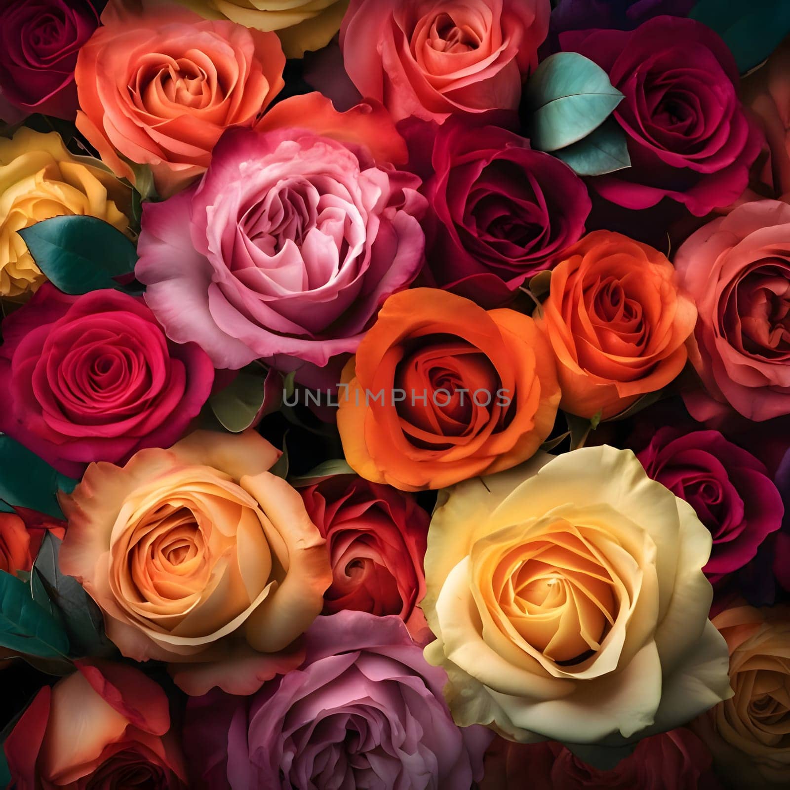 Patterns and banners backgrounds: Colorful roses in a bouquet as a background, top view