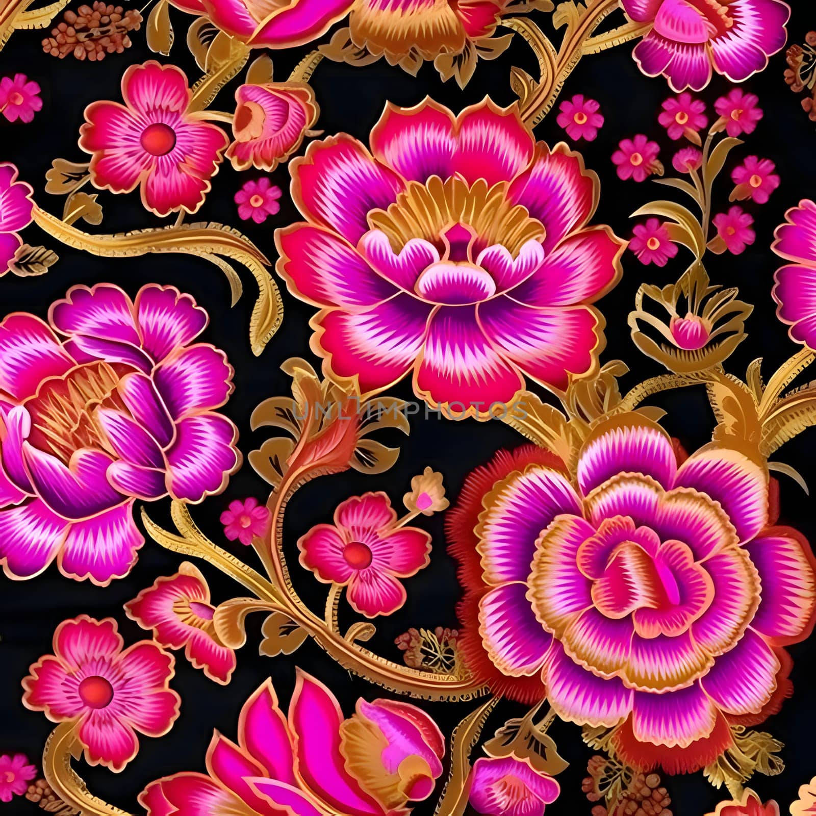 Patterns and banners backgrounds: Embroidery floral seamless pattern on black background. Vector illustration.