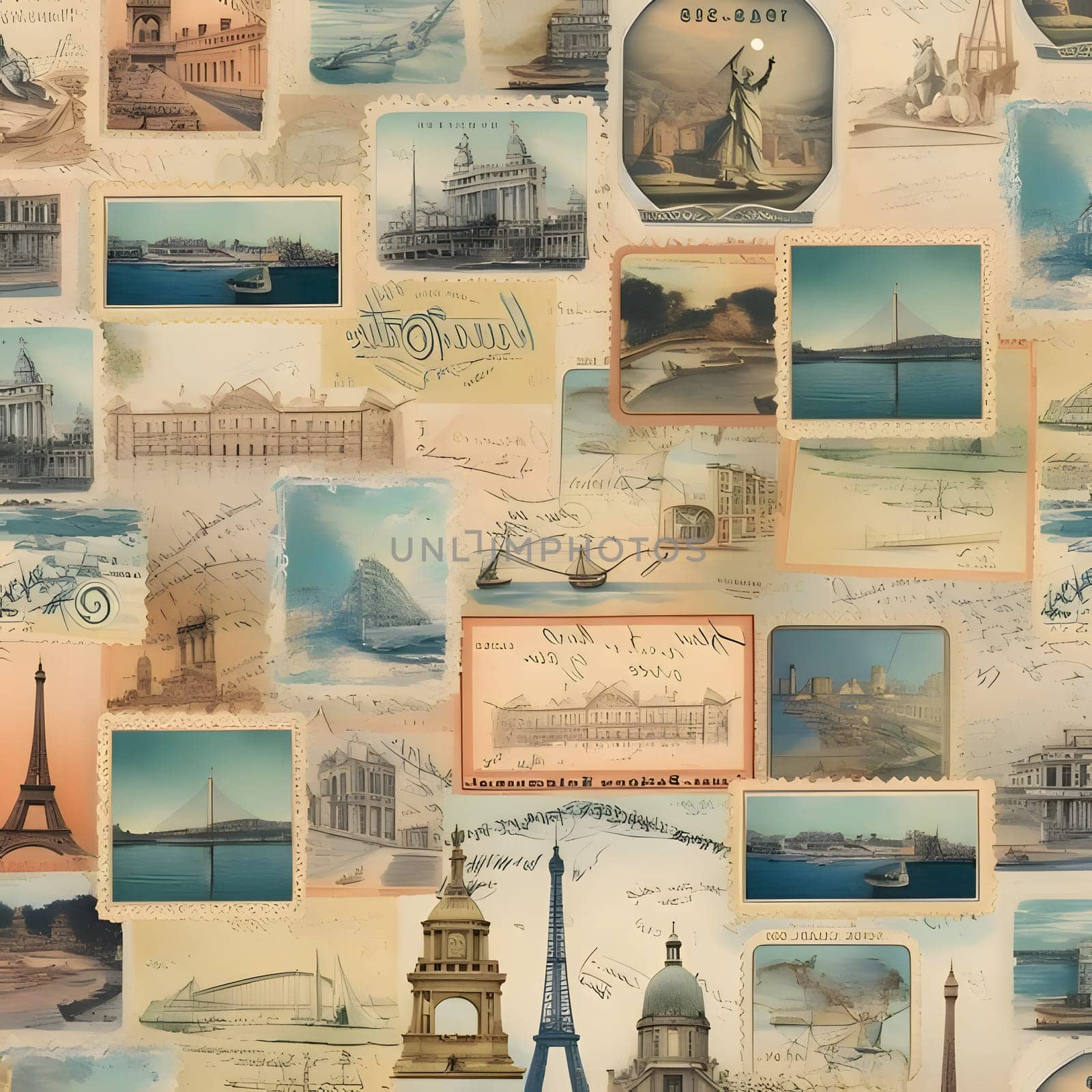 Seamless pattern with Paris landmarks. Vintage postcard collection. by ThemesS