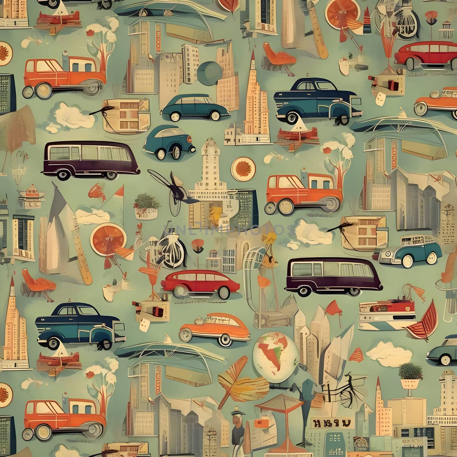 Seamless pattern with retro cars and buildings. Vector illustration. by ThemesS