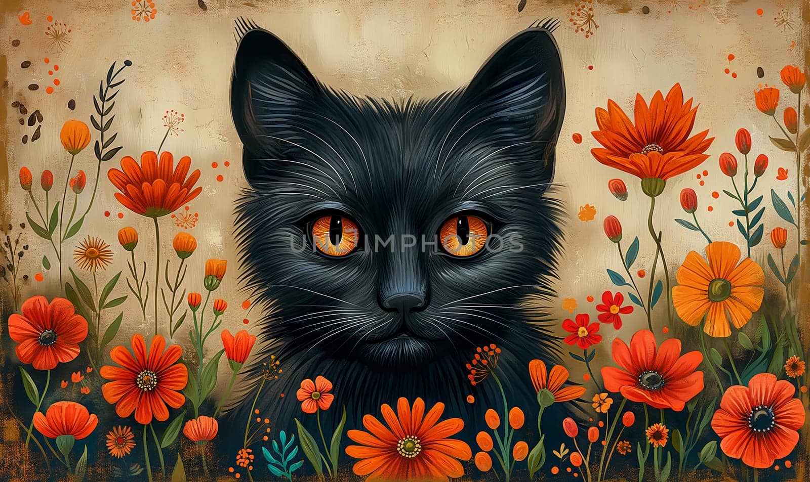 Illustration of a cat in flowers on a light background. Selective focus.