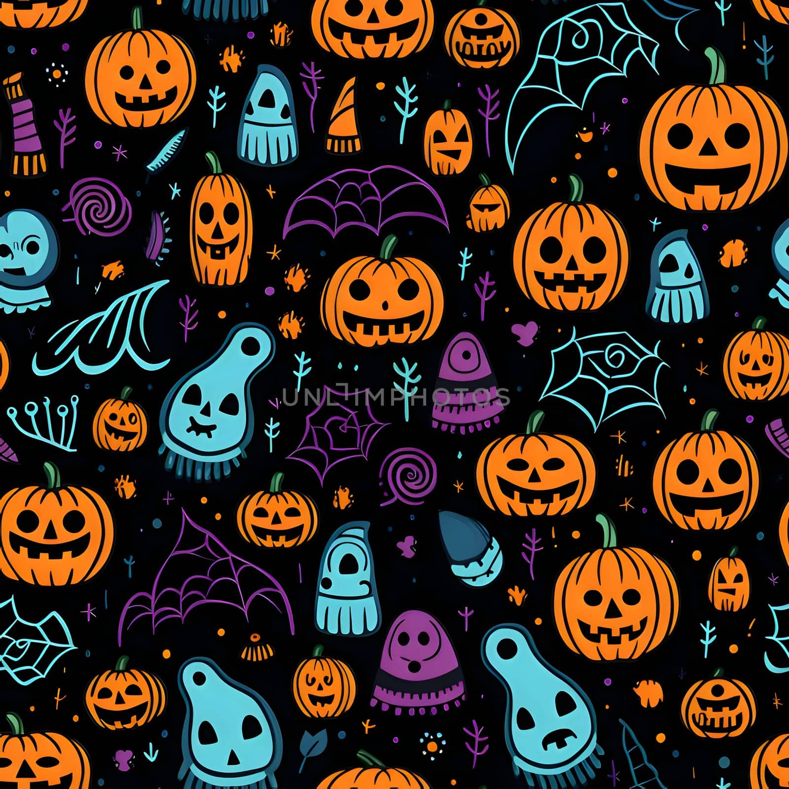 Patterns and banners backgrounds: Halloween seamless pattern with pumpkins, ghosts, spiders, bats and other elements.