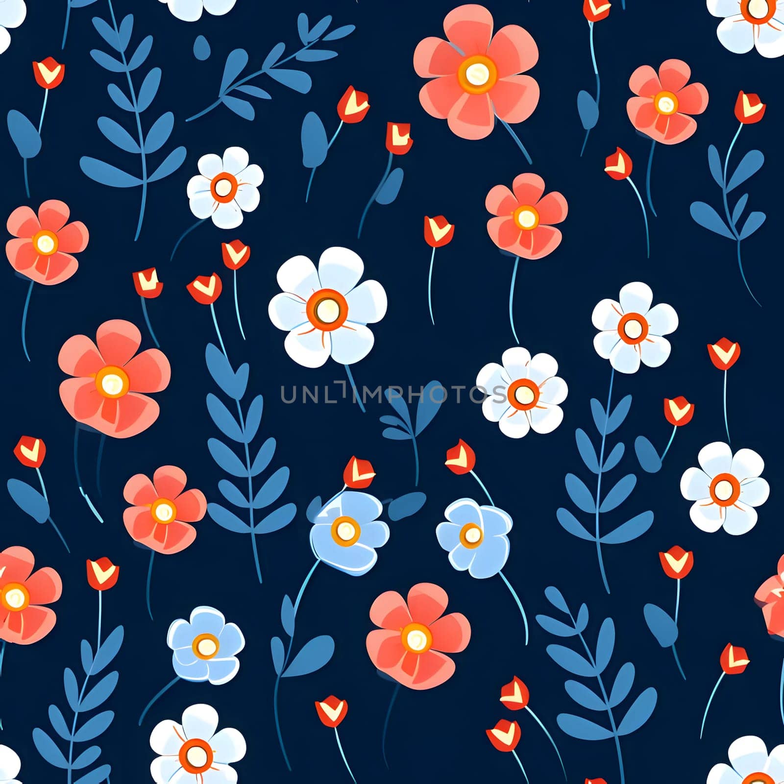 Patterns and banners backgrounds: Seamless pattern with flowers and leaves on dark blue background.