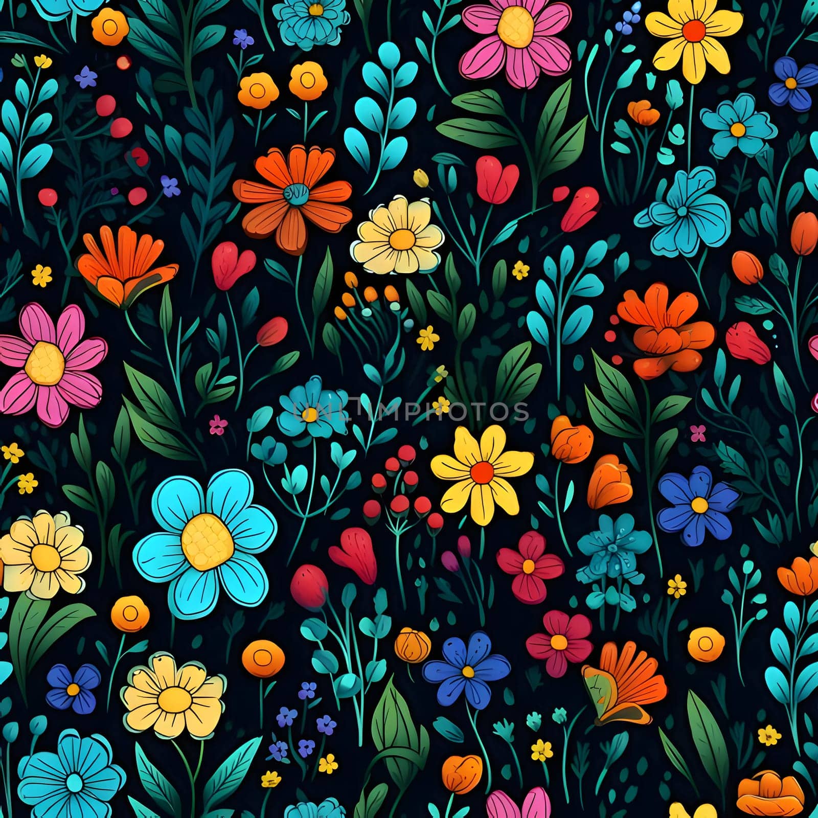 Patterns and banners backgrounds: Seamless pattern with colorful flowers on dark background. Vector illustration.