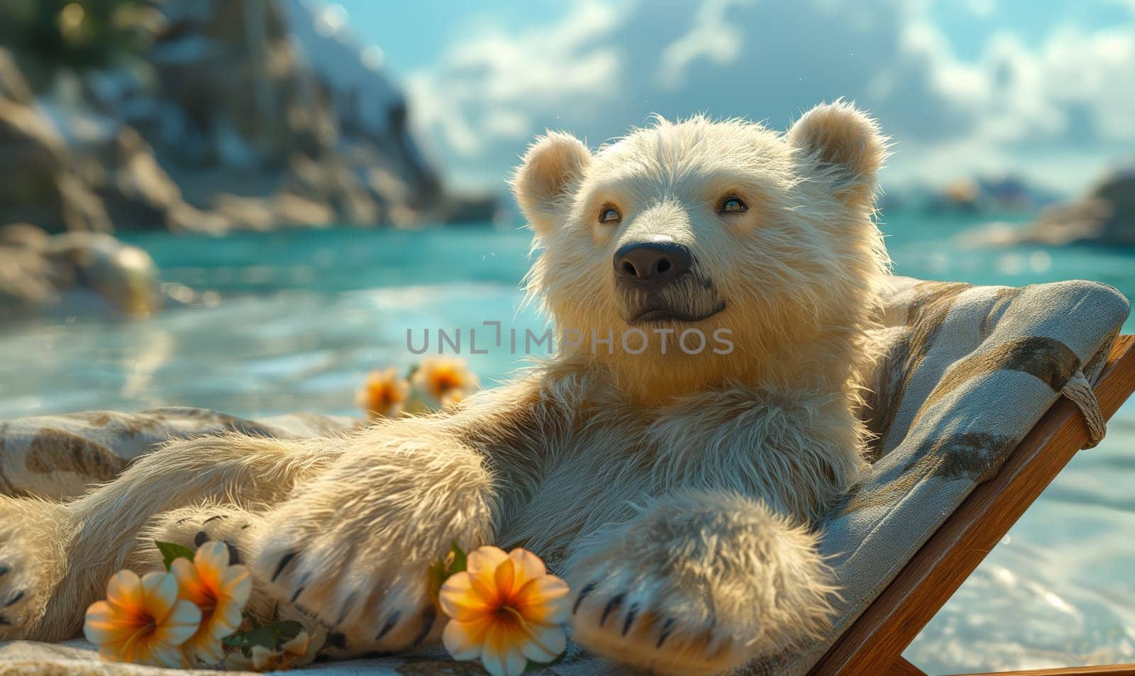 Children's illustration, a polar bear sunbathing on a sunbed. Selective soft focus.