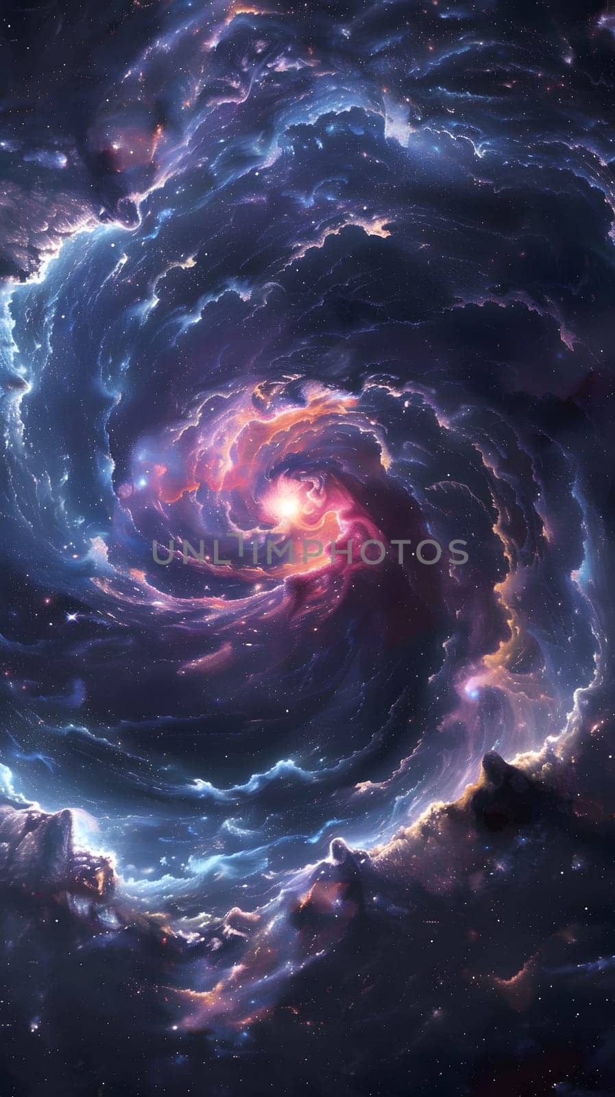 Electric blue swirling galaxy within a larger galaxy in space by Nadtochiy