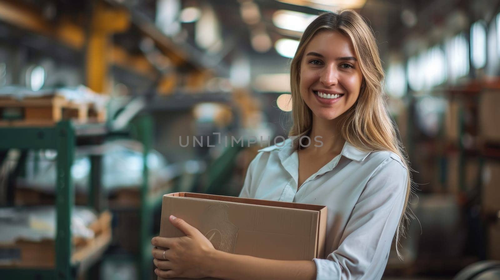 A professional businesswoman is holding a box inside a factory.