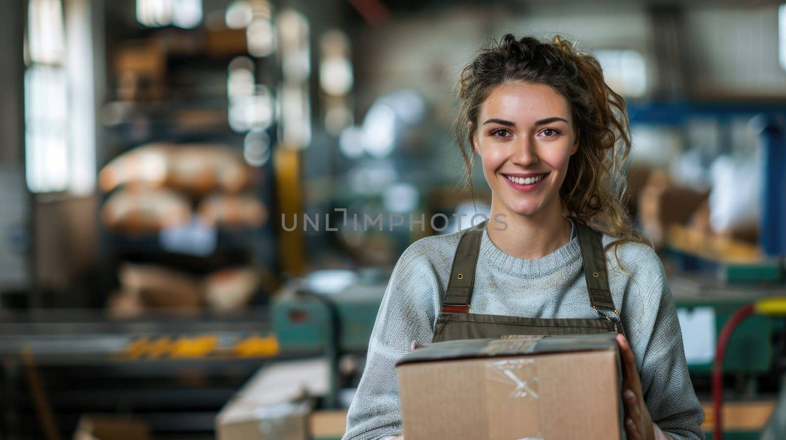 A professional businesswoman is holding a box inside a factory by nijieimu
