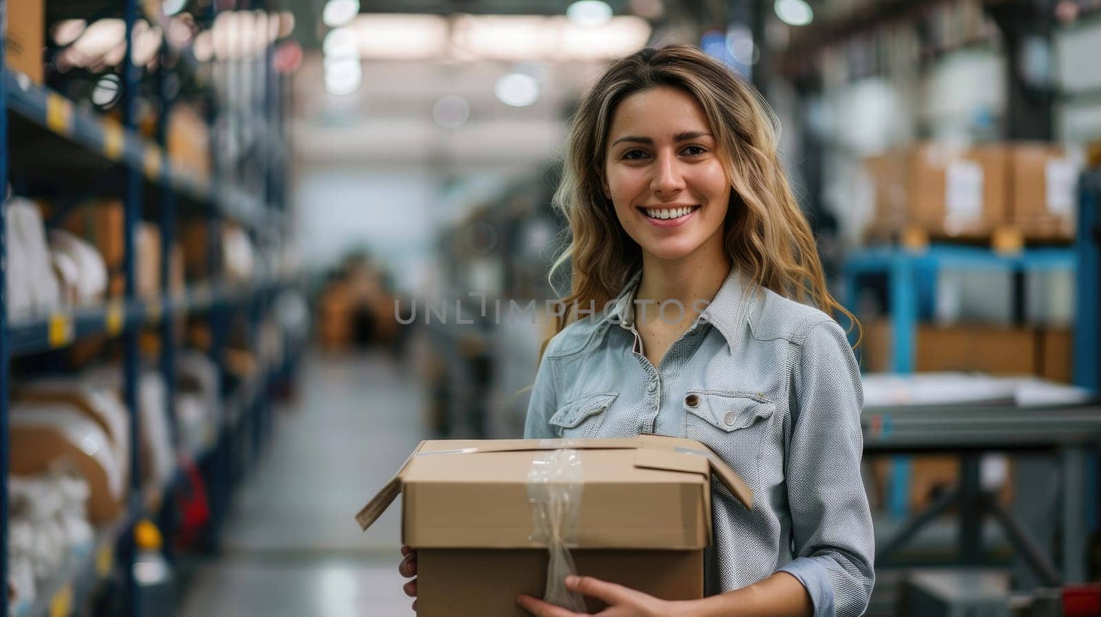 A professional businesswoman is holding a box inside a factory by nijieimu