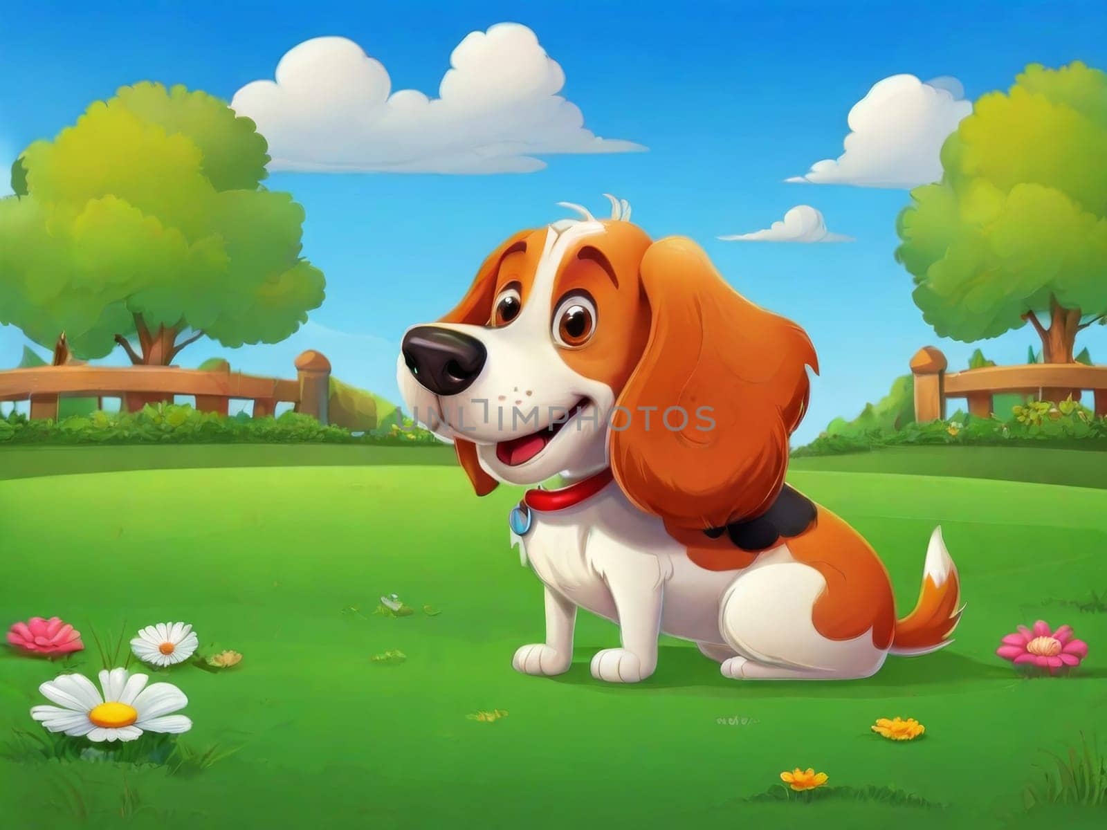 Cute cartoon dog sitting on the lawn in the garden by Ekaterina34