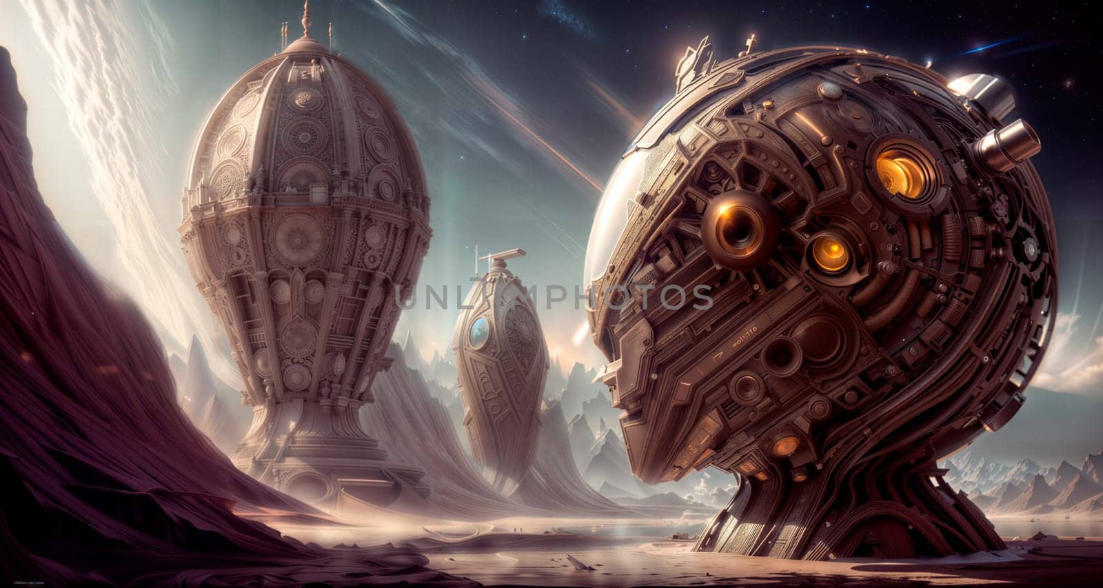 Futuristic city with a giant alien like structure in the middle of the desert, surrounded by mountains and a distant star, scifi, concept art, space art. Generative AI by Shacil