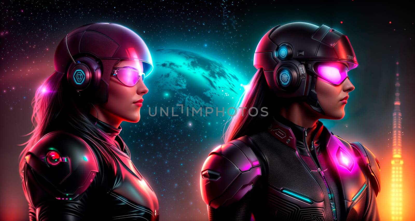 Two girls in fantastic space suits, in a modern helmet with a visor, in bright neon light against the background of stars. Cyberpunk. Generative AI
