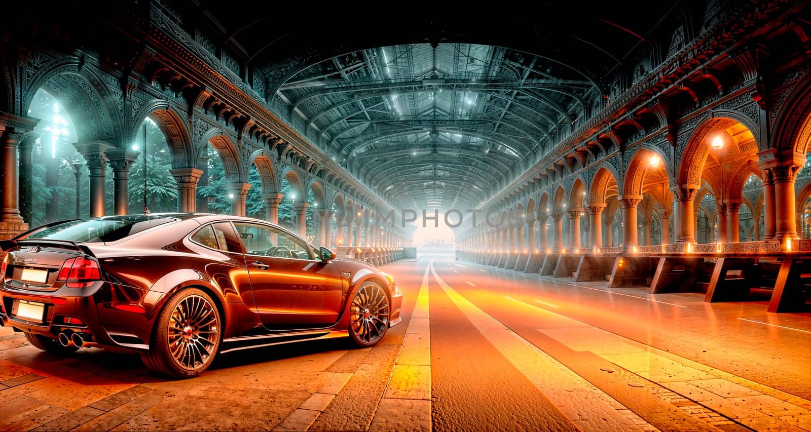 car parked in a tunnel with lights on the sides, detailed lighting, matte painting, photorealism. Generative AI