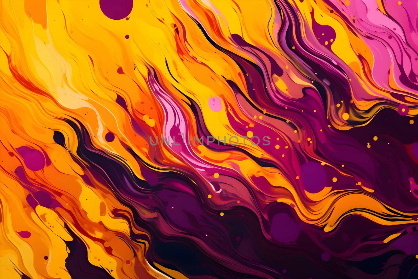 An abstract background showcasing multicolored purple, white, and yellow liquid paint, resulting in a visually captivating and vibrant composition.