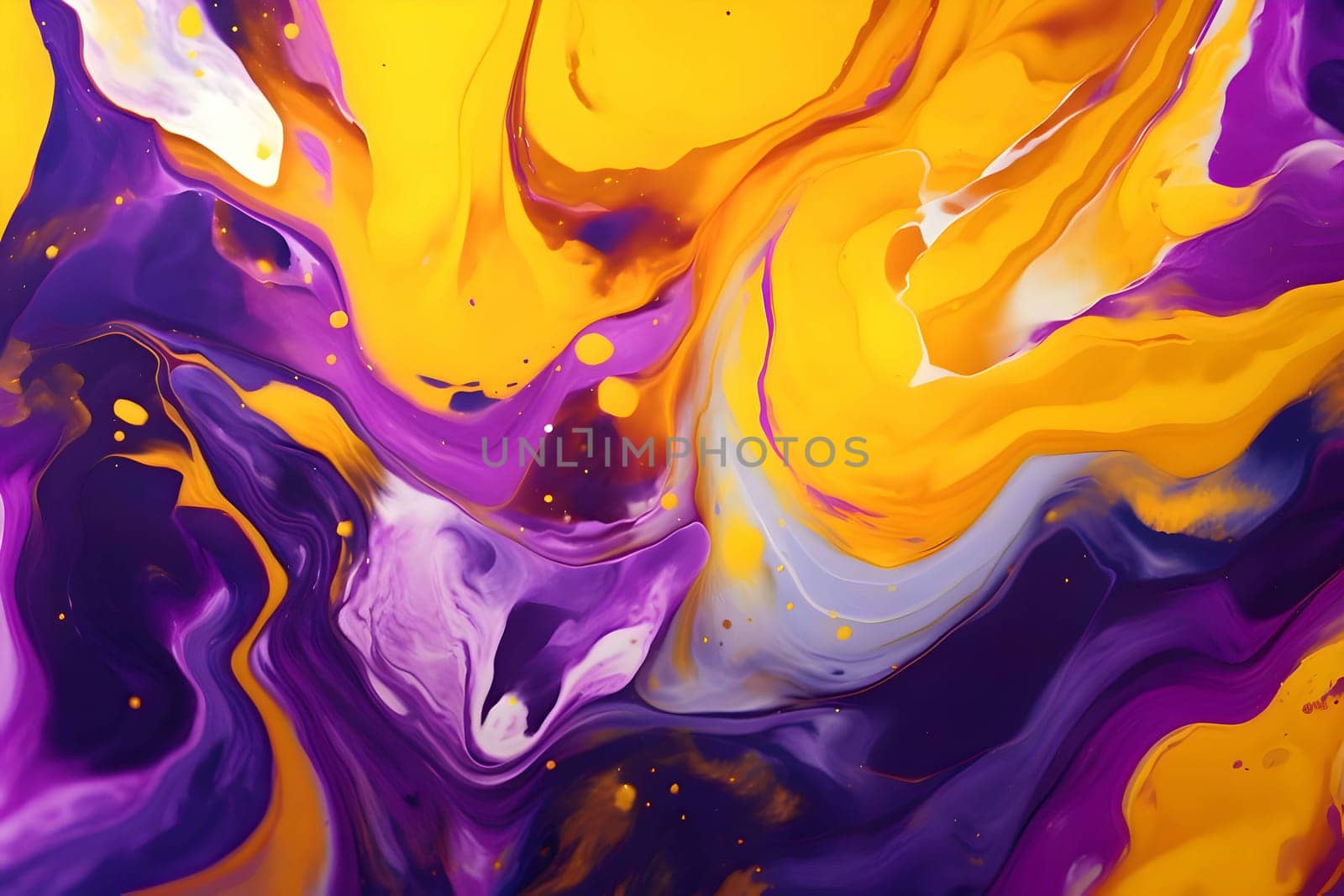 An abstract background showcasing multicolored purple, white, and yellow liquid paint, resulting in a visually captivating and vibrant composition.