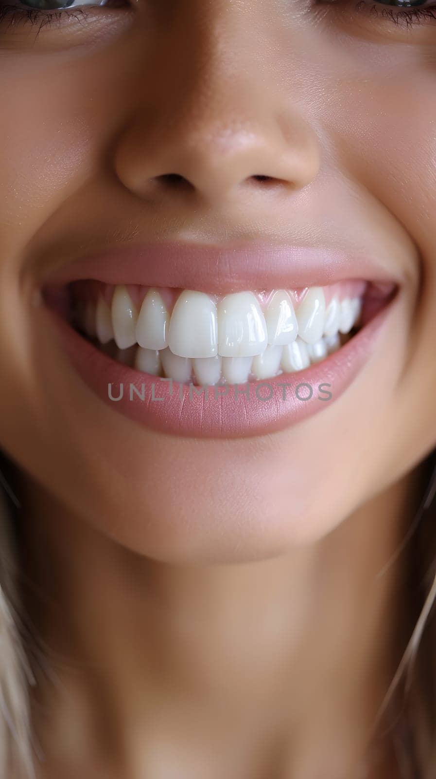 Closeup of a happy womans smile showcasing white teeth by Nadtochiy