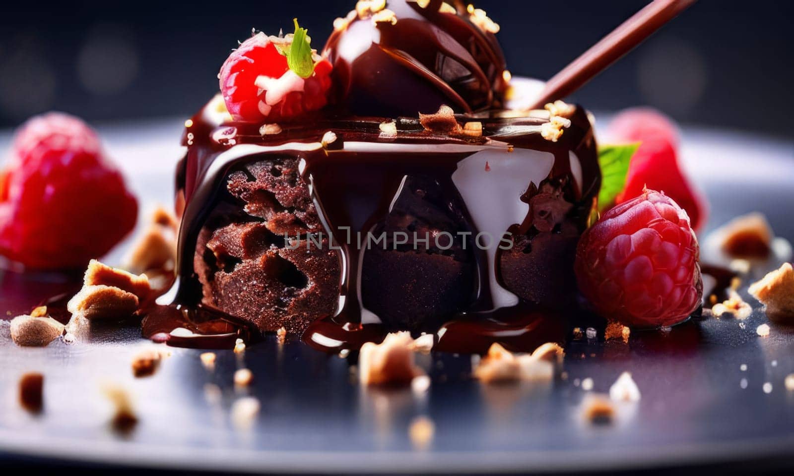 Decadent chocolate cake adorned with fresh raspberries, drizzled with rich chocolate sauce, perfect combination of sweet, tart flavors. For advertise cafe, patisserie, restaurant, food blog, cookbook