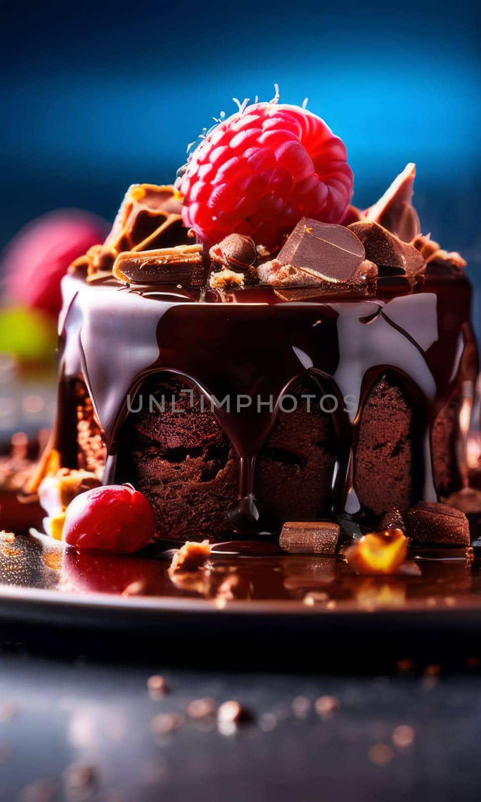 Decadent chocolate cake adorned with fresh raspberries, drizzled with rich chocolate sauce, perfect combination of sweet, tart flavors. For advertise cafe, patisserie, restaurant, food blog, cookbook