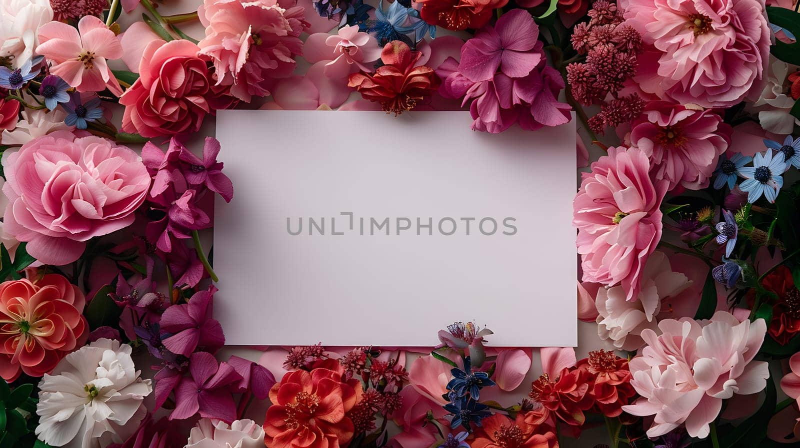 A white card is adorned with a vibrant display of colorful flowers, including petals in shades of pink, violet, and magenta, creating a beautiful and creative artsinspired design