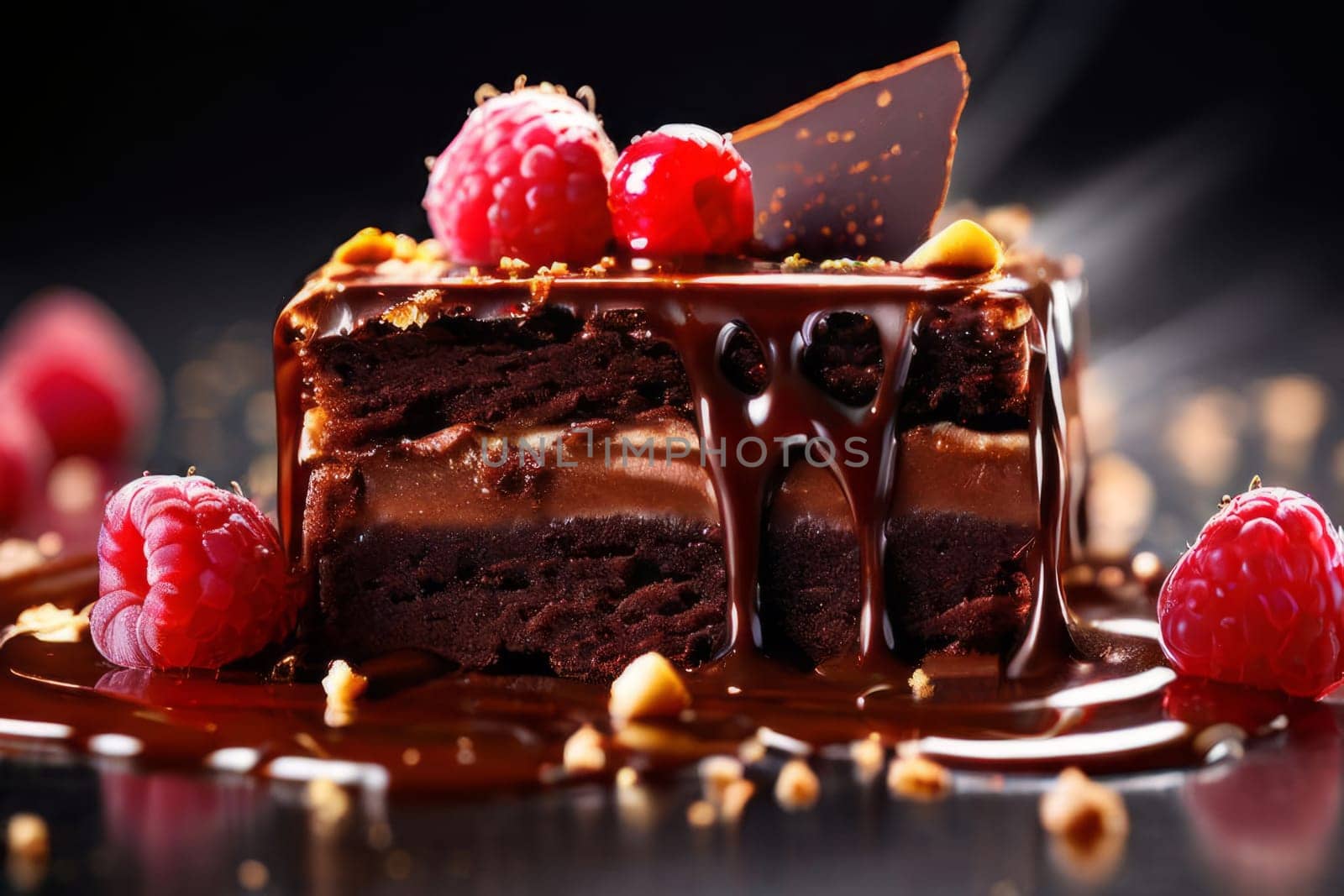 Decadent chocolate cake adorned with fresh raspberries, drizzled with rich chocolate sauce, perfect combination of sweet, tart flavors. For advertise cafe, patisserie, restaurant, food blog, cookbook