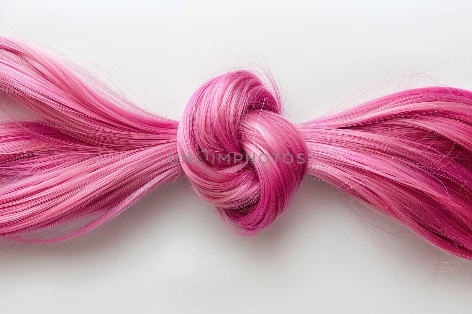 Beautiful strong shiny pink hair tied in a knot. The concept of hairdressing services for health improvement and hair coloring.