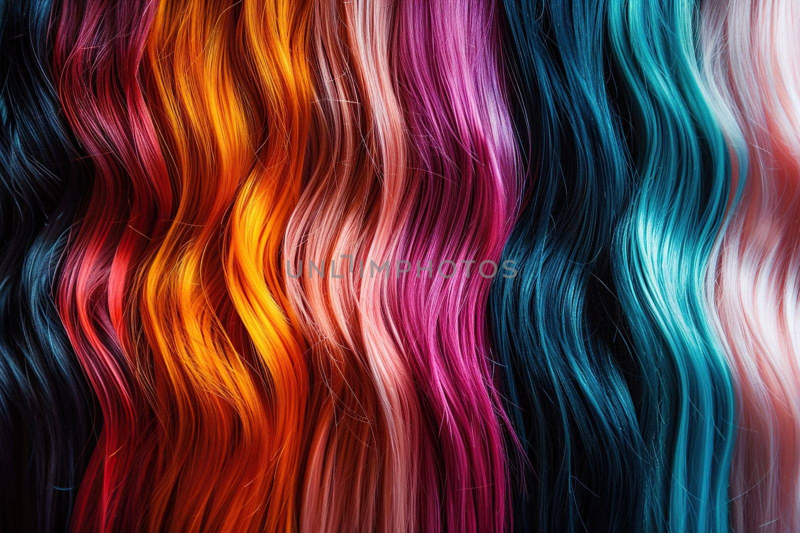 Straight strands of hair in bright colors. A palette with an example of hair dye. Generated by artificial intelligence by Vovmar