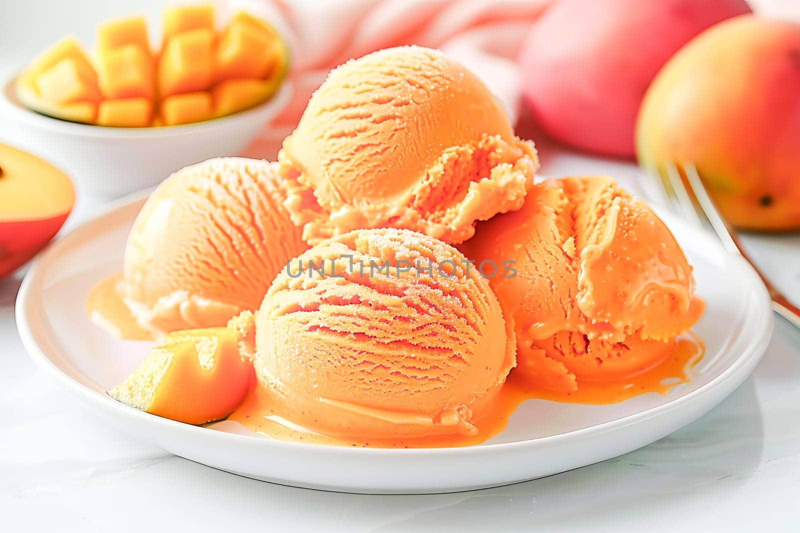 Balls of delicious mango ice cream lie in a white bowl on a table with a marble surface.