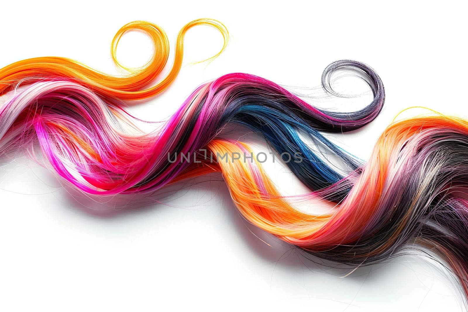 A strand of curly multi-colored hair on a white background. Hairdressing concept. Generated by artificial intelligence by Vovmar