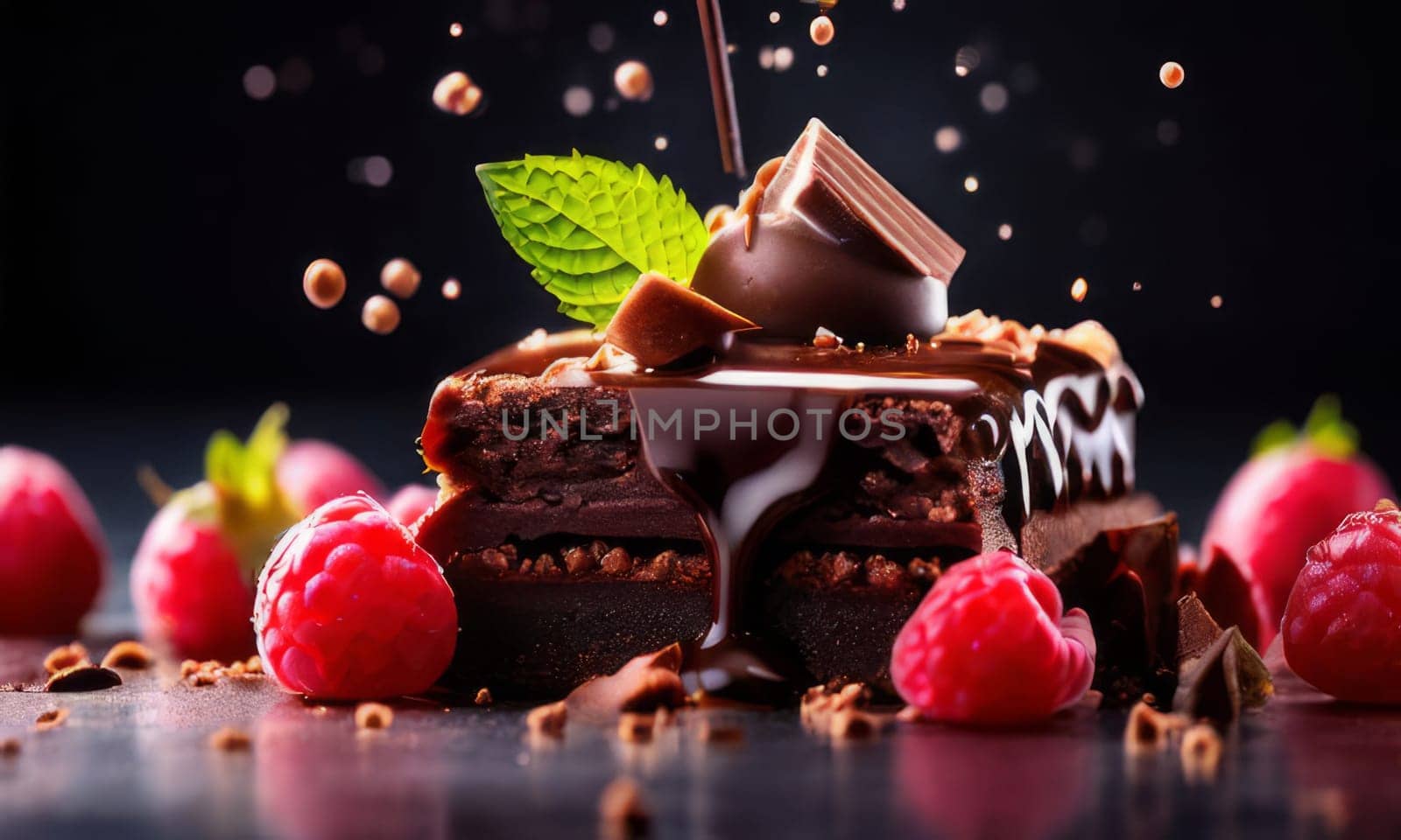 Decadent chocolate cake adorned with fresh raspberries, drizzled with rich chocolate sauce, perfect combination of sweet, tart flavors. For advertise cafe, patisserie, restaurant, food blog, cookbook. by Angelsmoon