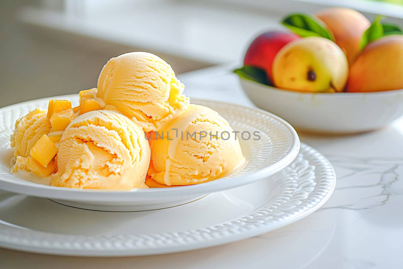 Balls of delicious mango ice cream lie in a white bowl on a table with a marble surface.