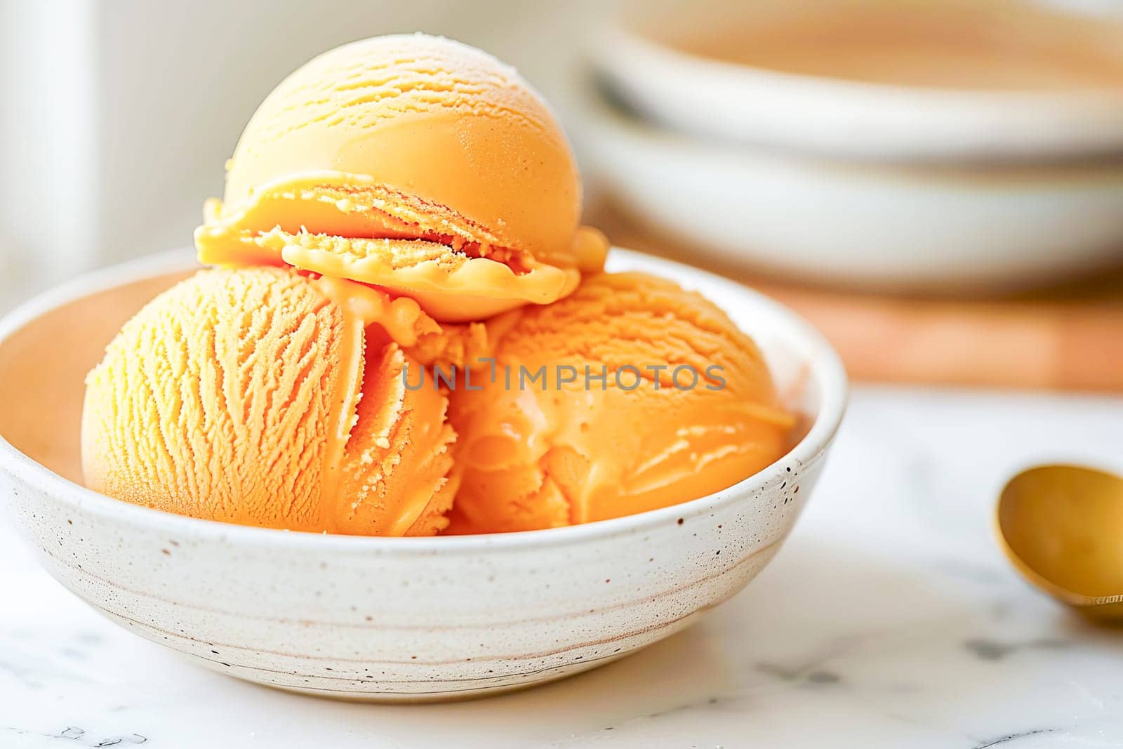 Balls of delicious mango ice cream lie in a white bowl on a table with a marble surface.