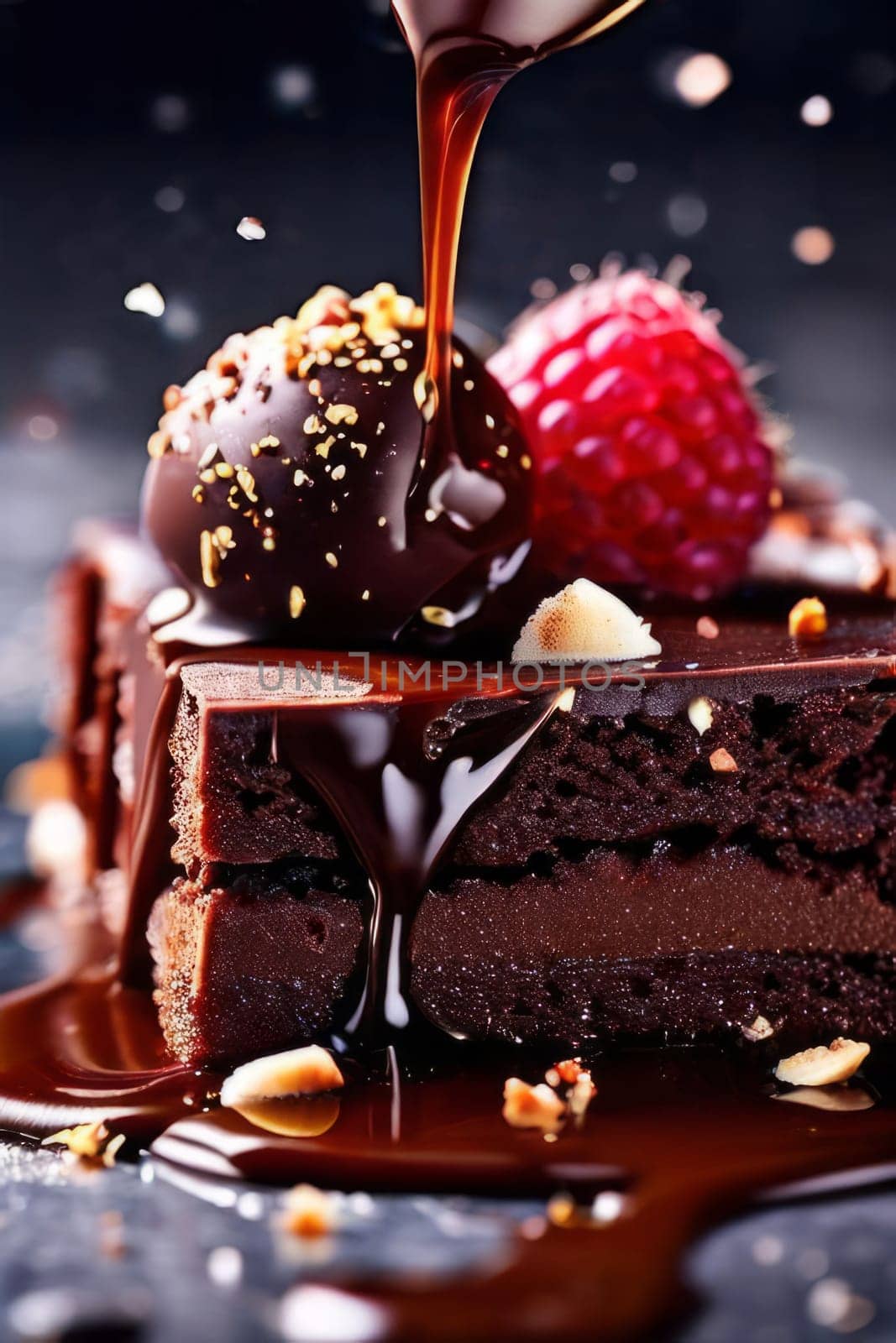 Decadent chocolate cake adorned with fresh raspberries, drizzled with rich chocolate sauce, perfect combination of sweet, tart flavors. For advertise cafe, patisserie, restaurant, food blog, cookbook