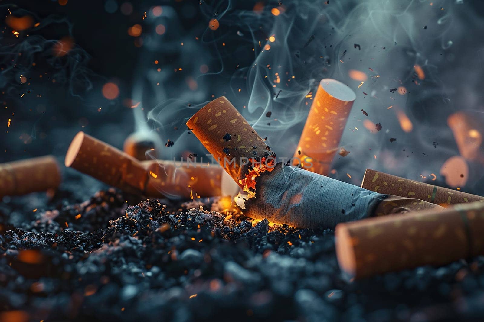 Close-up of cigarette butts with smoke and sparks.
