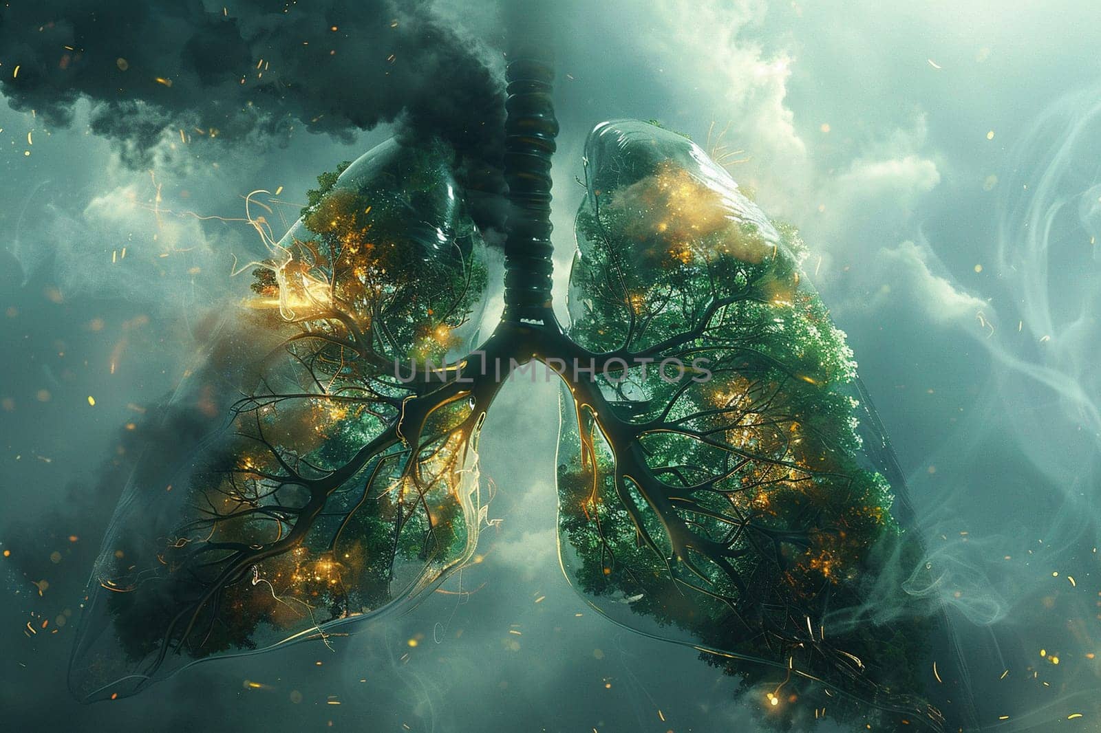 A fantasy view of human lungs in the form of trees in clouds of acrid smoke. Concept of healthy lungs and clean planet. Generated by artificial intelligence by Vovmar