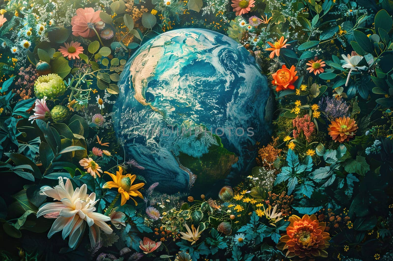 The globe is surrounded by many flowers and greenery. Generated by artificial intelligence by Vovmar