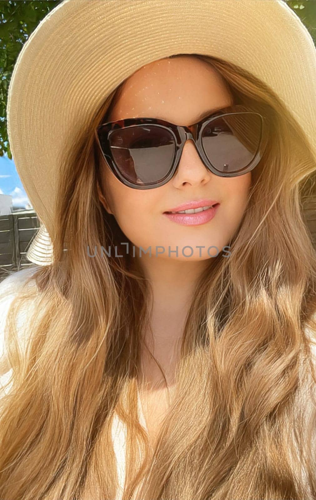 Beauty, summer holiday and fashion, face portrait of happy woman wearing hat and sunglasses, for skincare cosmetics, sunscreen spf lifestyle look idea