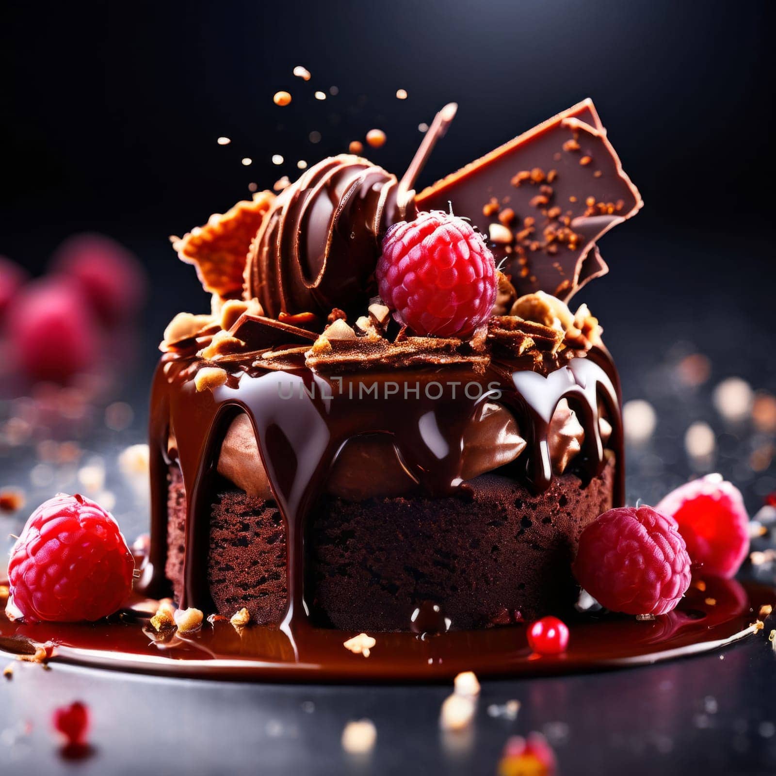 Decadent chocolate cake adorned with fresh raspberries, drizzled with rich chocolate sauce, perfect combination of sweet, tart flavors. For advertise cafe, patisserie, restaurant, food blog, cookbook