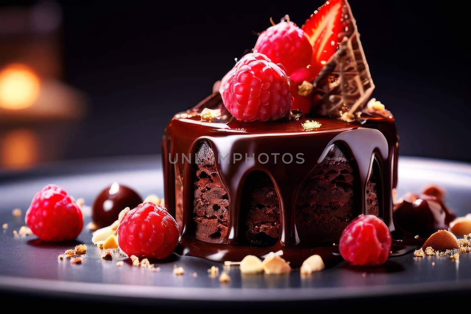 Decadent chocolate cake adorned with fresh raspberries, drizzled with rich chocolate sauce, perfect combination of sweet, tart flavors. For advertise cafe, patisserie, restaurant, food blog, cookbook