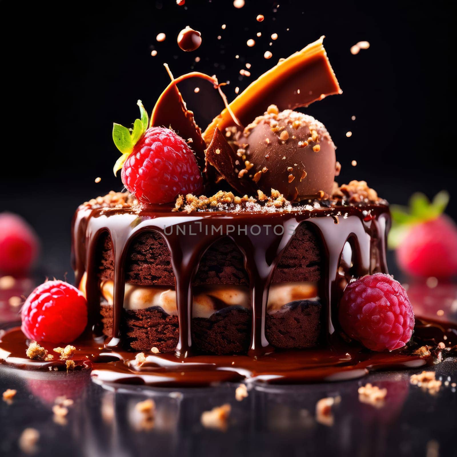 Decadent chocolate cake adorned with fresh raspberries, drizzled with rich chocolate sauce, perfect combination of sweet, tart flavors. For advertise cafe, patisserie, restaurant, food blog, cookbook