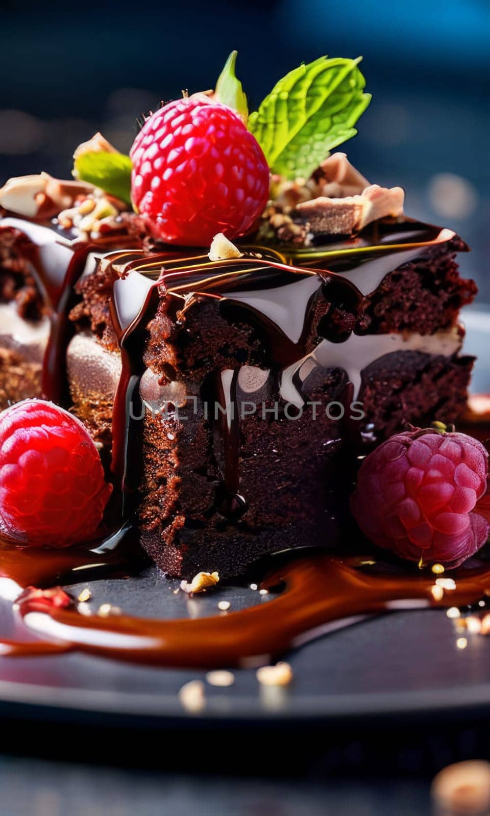 Decadent chocolate cake adorned with fresh raspberries, drizzled with rich chocolate sauce, perfect combination of sweet, tart flavors. For advertise cafe, patisserie, restaurant, food blog, cookbook