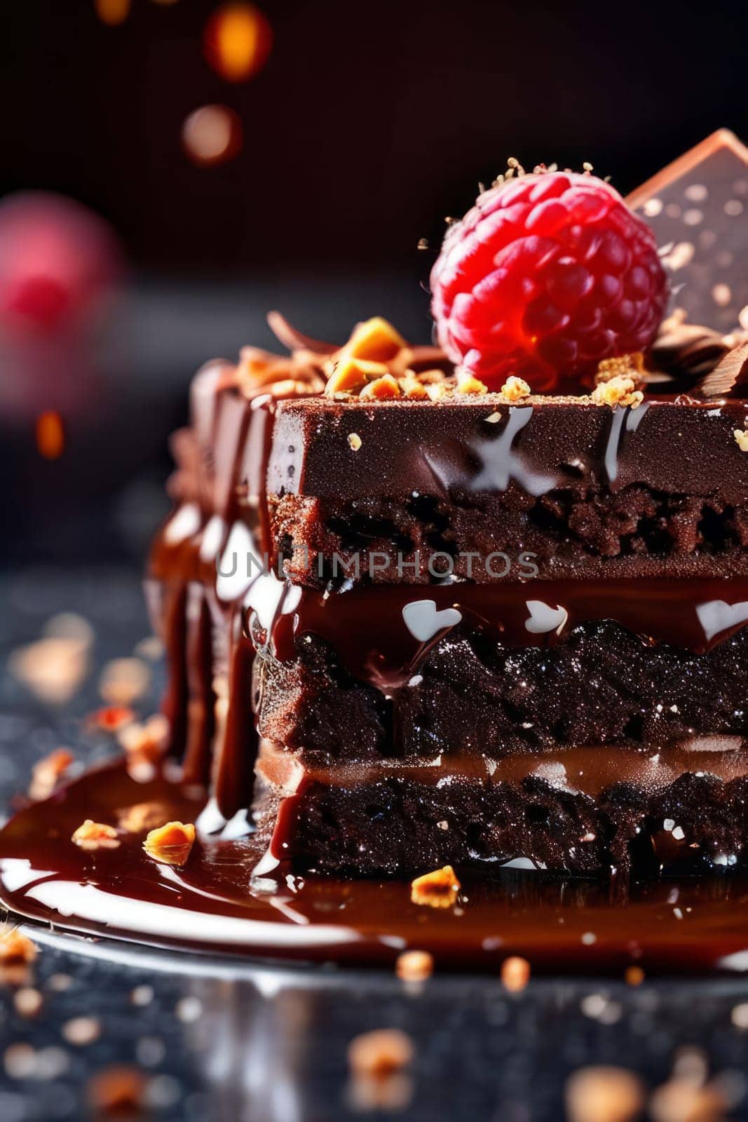 Decadent chocolate cake adorned with fresh raspberries, drizzled with rich chocolate sauce, perfect combination of sweet, tart flavors. For advertise cafe, patisserie, restaurant, food blog, cookbook