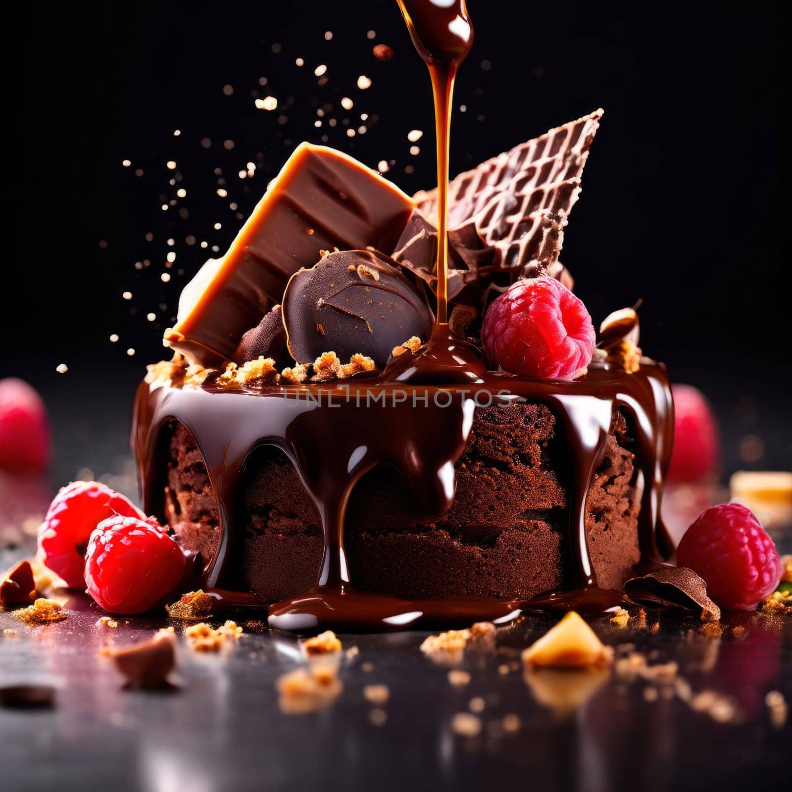 Decadent chocolate cake adorned with fresh raspberries, drizzled with rich chocolate sauce, perfect combination of sweet, tart flavors. For advertise cafe, patisserie, restaurant, food blog, cookbook. by Angelsmoon