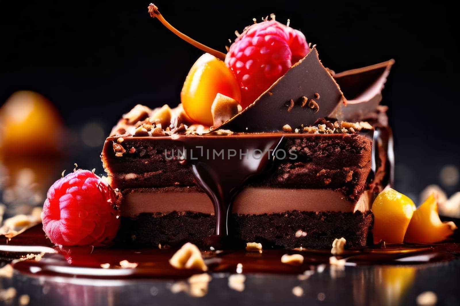 Decadent chocolate cake adorned with fresh raspberries, drizzled with rich chocolate sauce, perfect combination of sweet, tart flavors. For advertise cafe, patisserie, restaurant, food blog, cookbook