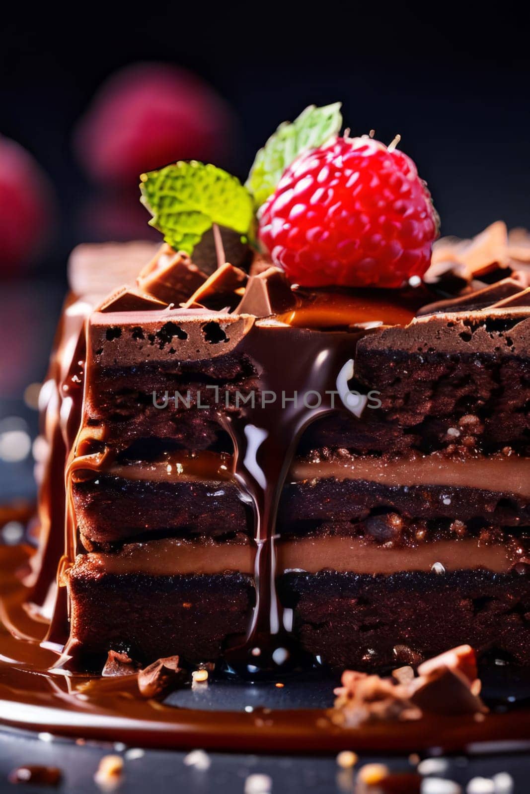 Decadent chocolate cake adorned with fresh raspberries, drizzled with rich chocolate sauce, perfect combination of sweet, tart flavors. For advertise cafe, patisserie, restaurant, food blog, cookbook