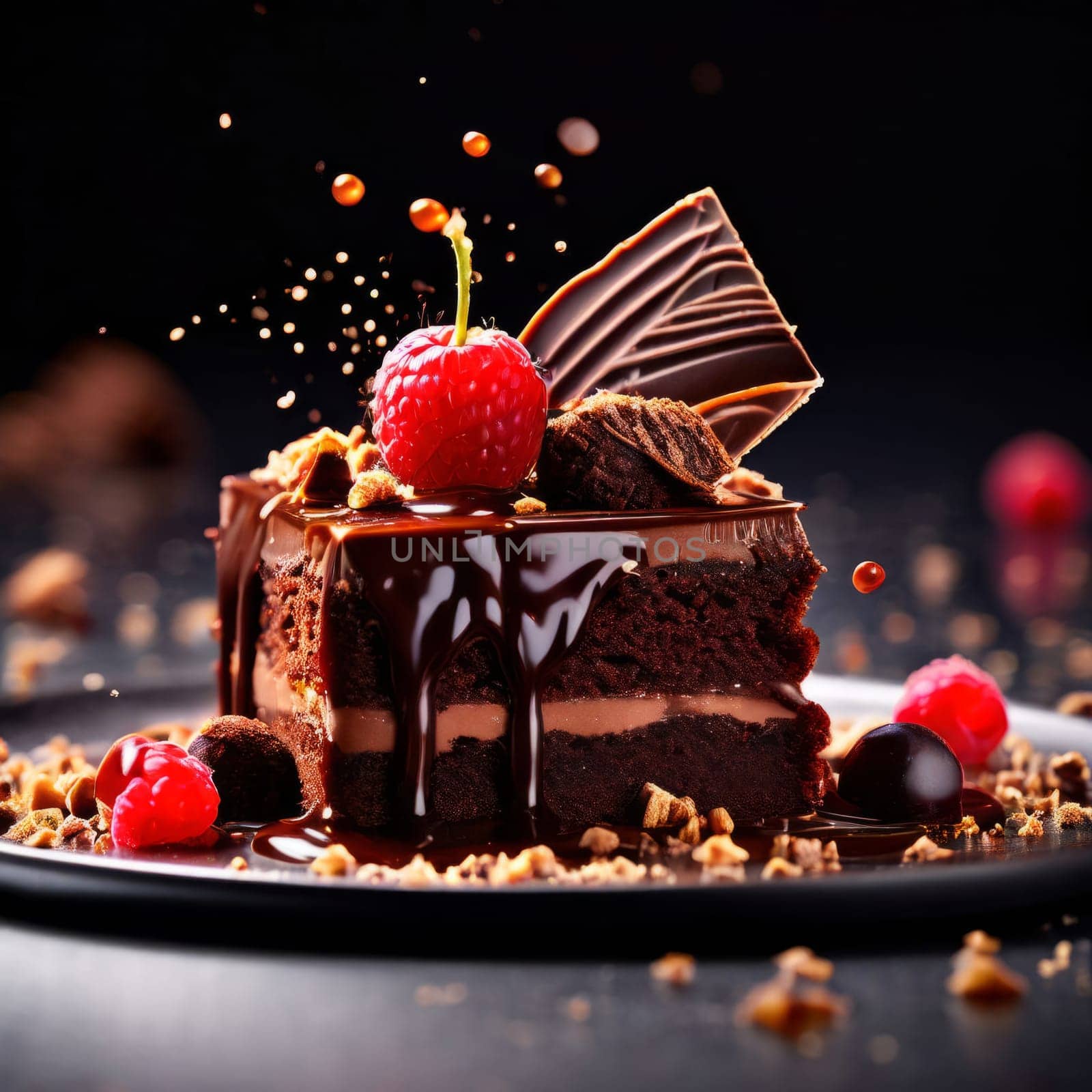 Decadent chocolate cake adorned with fresh raspberries, drizzled with rich chocolate sauce, perfect combination of sweet, tart flavors. For advertise cafe, patisserie, restaurant, food blog, cookbook