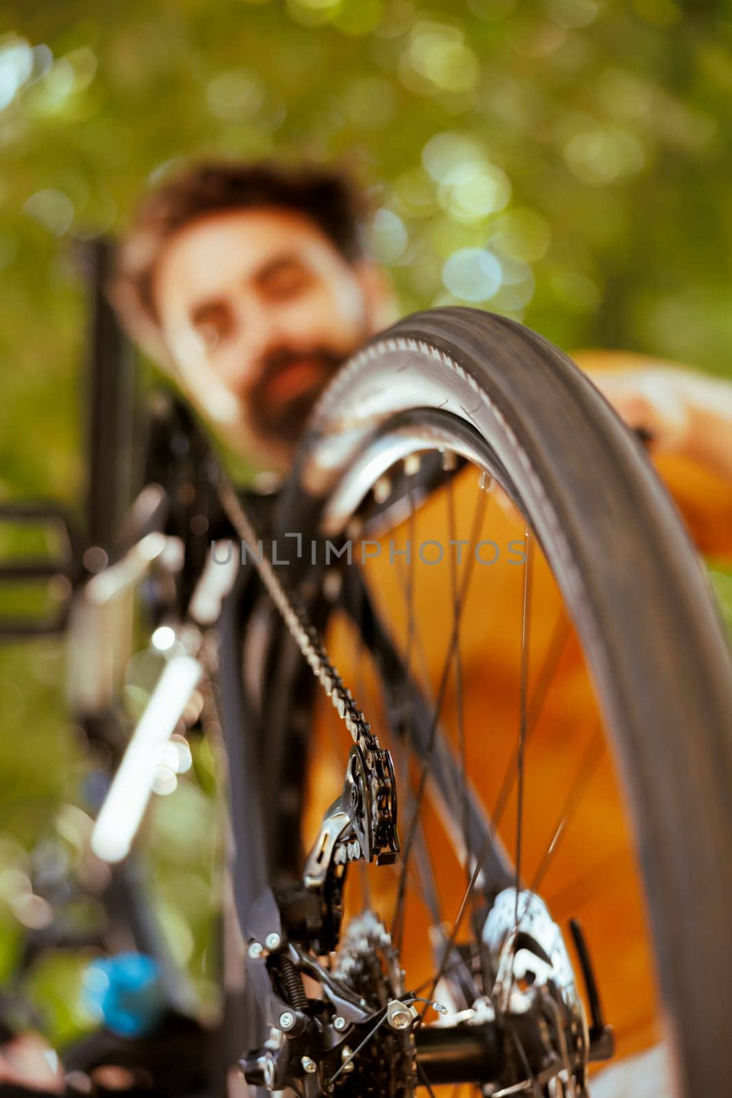 Close-up view of bicycle wheel outdoor by DCStudio