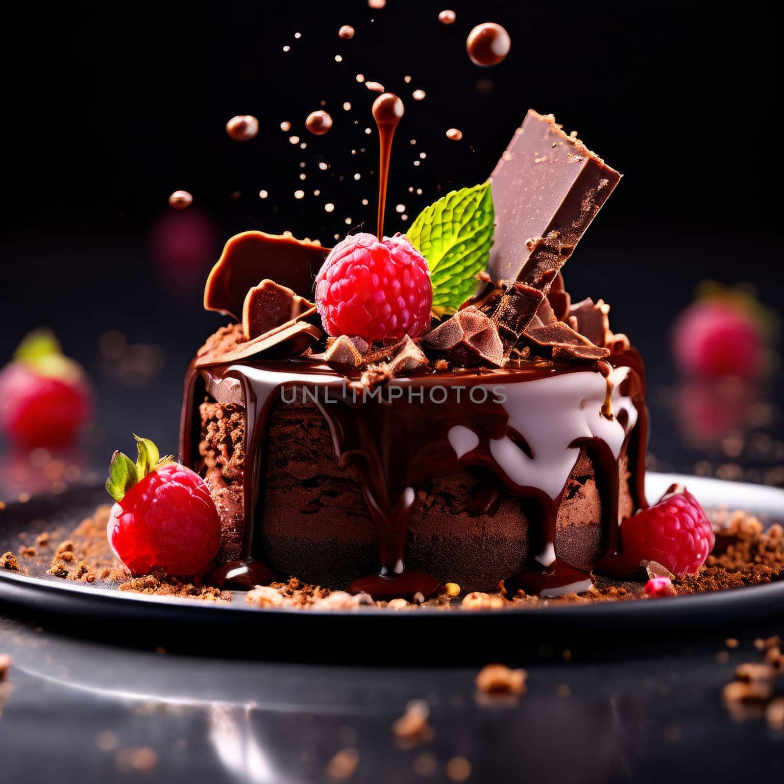 Decadent chocolate cake adorned with fresh raspberries, drizzled with rich chocolate sauce, perfect combination of sweet, tart flavors. For advertise cafe, patisserie, restaurant, food blog, cookbook