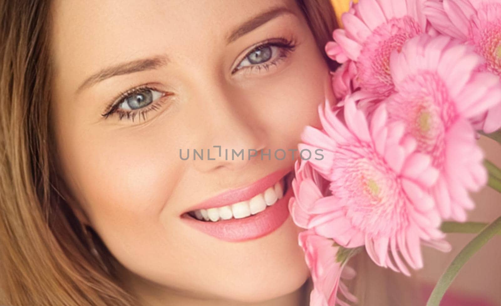 Beauty, holiday and bridal makeup, beautiful woman with pink flowers bouquet as cosmetics, perfume and face skincare portrait