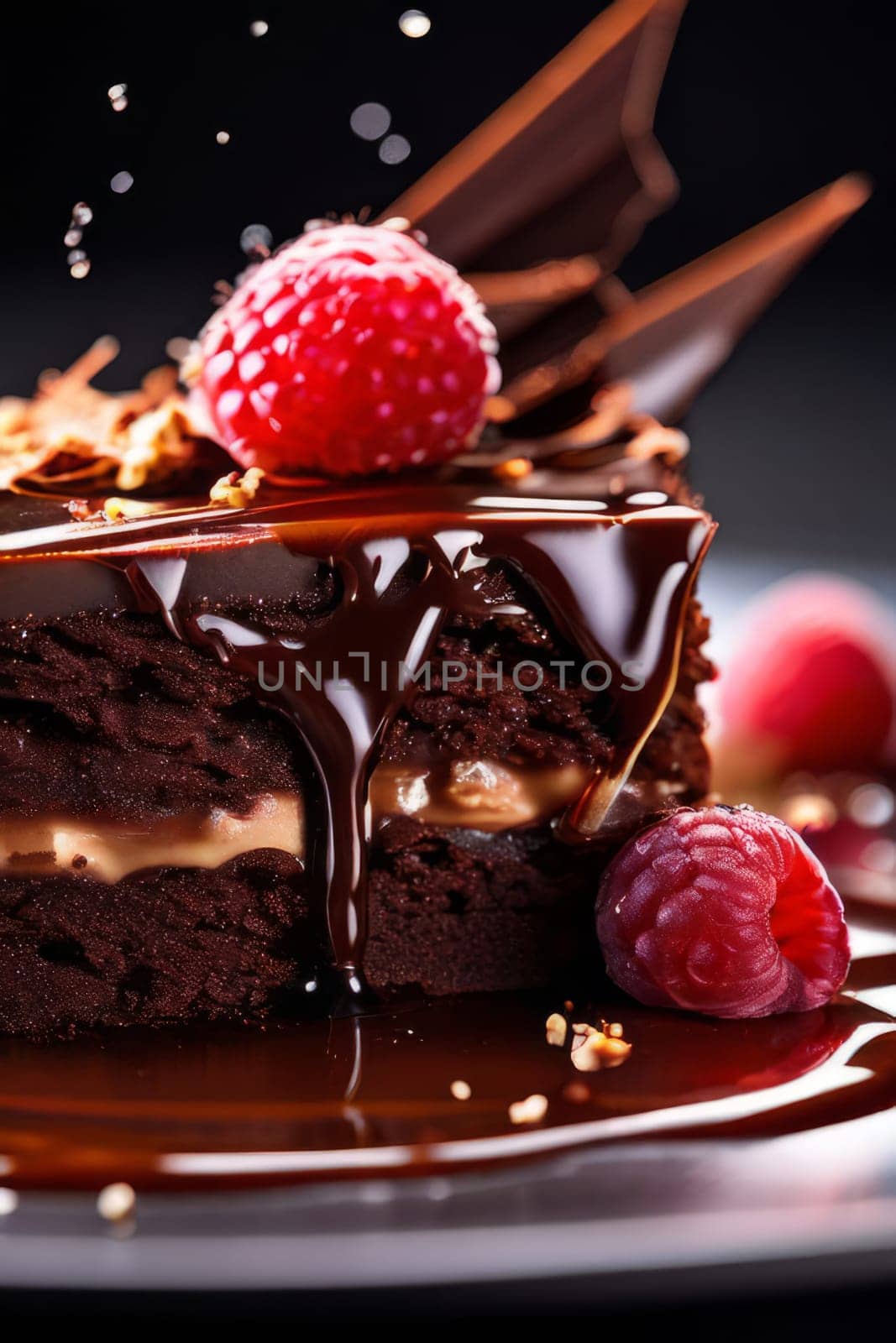 Decadent chocolate cake adorned with fresh raspberries, drizzled with rich chocolate sauce, perfect combination of sweet, tart flavors. For advertise cafe, patisserie, restaurant, food blog, cookbook